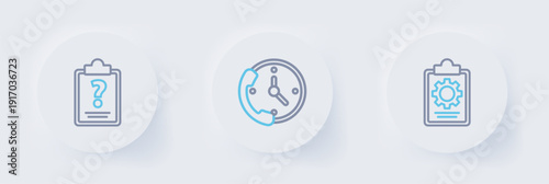 Set line Checklist with 24 hours service, Telephone support and Clipboard question marks icon. Vector