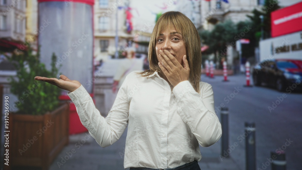 Fototapeta premium Woman showing open palm and hand to mouth gesture on a bustling urban street with bollards and planters, smiling toward camera; surprise moment.