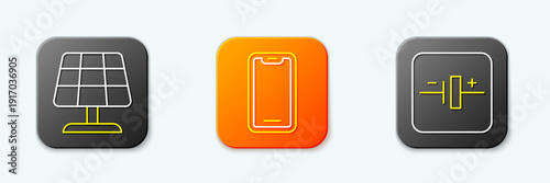 Set line Solar energy panel, Mobile phone and DC voltage source icon. Vector