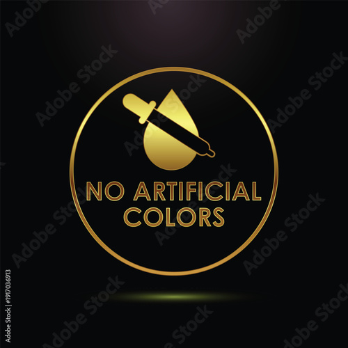 No artificial colors golden round label with dropper and drop icon on black background