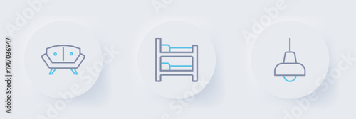 Set line Lamp hanging, Bunk bed and Sofa icon. Vector