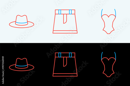 Set line Swimsuit, Man hat and Skirt icon. Vector