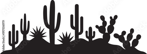 Black Silhouette Desert Landscape with Cacti and Agave Plants