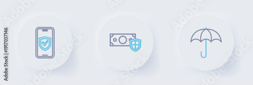 Set line Umbrella, Money with shield and Insurance online icon. Vector