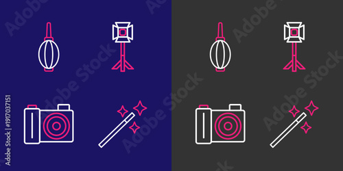 Set line Photo retouching, camera, Studio light bulb softbox and Dust blower icon. Vector