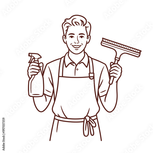 A smiling young man in an apron holding cleaning supplies, ready to clean windows and surfaces.