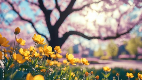 Vibrant yellow flowers in bloom under springtime cherry blossom tree.