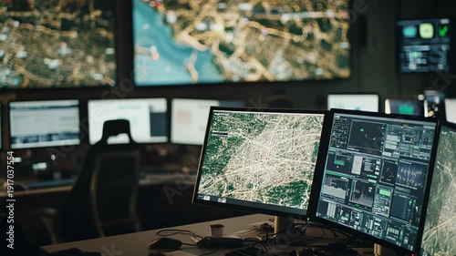 Control center operates multiple monitors displaying intricate maps, data visualizations, and various system metrics, facilitating advanced surveillance and real time operational management