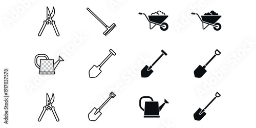 Gardening tools set including wheelbarrow shovel rake pruners watering can garden tools black and white