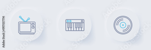Set line Vinyl disk, Music synthesizer and Retro tv icon. Vector
