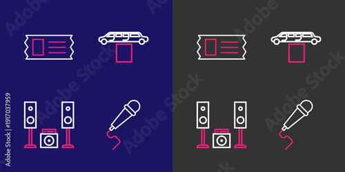 Set line Microphone, Home stereo with two speakers, Limousine car and carpet and Cinema ticket icon. Vector