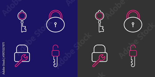 Set line Unlocked key, Lock repair, and Old icon. Vector