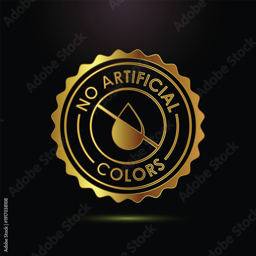 No artificial colors golden emblem, showing liquid drop with crossed out sign, black background
