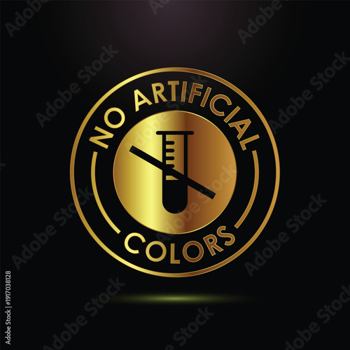No artificial colors golden emblem, showing test tube with crossed out sign, black background
