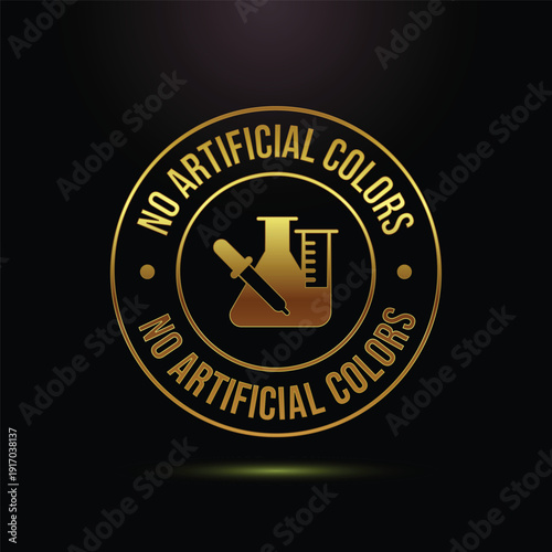 No artificial colors golden emblem with beaker, test tube, dropper, on black background