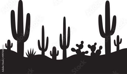 Black Silhouette of Cacti and Desert Plants on Hill