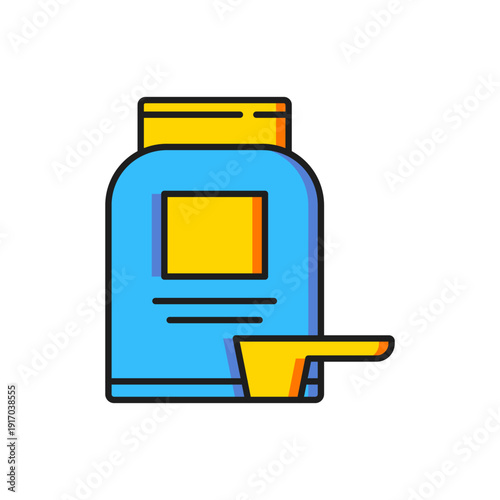 Color Sports nutrition bodybuilding proteine power drink and food icon isolated on white background. Flat filled outline style with shadow. Vector