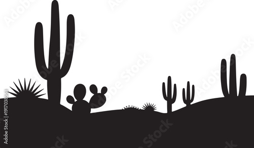 Black silhouette of cacti and desert plants on white background