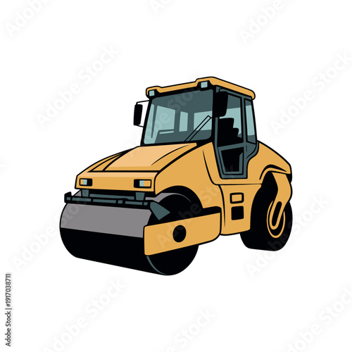 A yellow road roller on a white background for construction sites