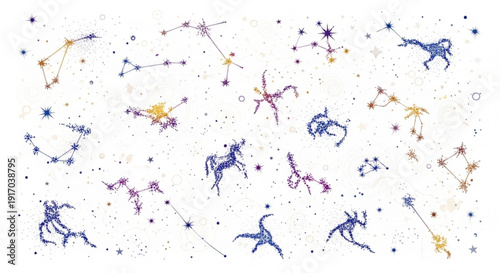 A colorful vector graphic illustration of zodiac constellations and stars on a white background