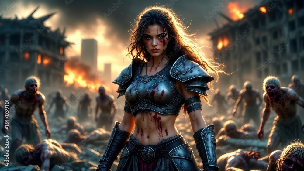 Obraz premium Warrior woman amidst apocalypse battling undead horde in armor.