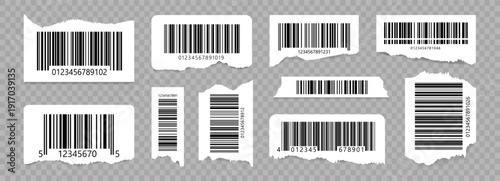 Set of barcode stickers fake with different thick and thin lines. Vertical streaks, strips with random information lines. Abstract geometric texture background for retail, supermarket