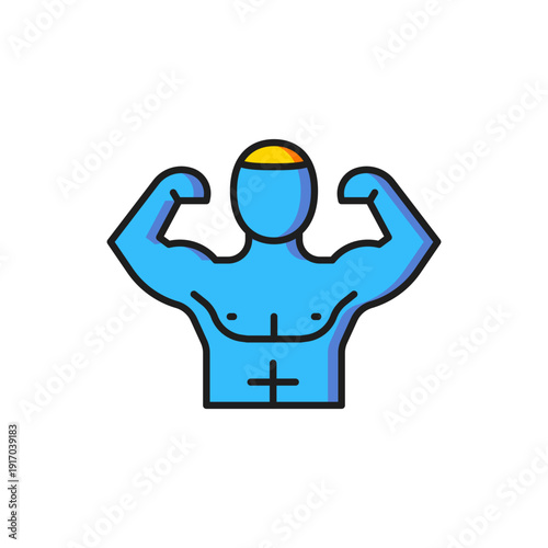 Color Bodybuilder showing his muscles icon isolated on white background. Fit fitness strength health hobby concept. Flat filled outline style with shadow. Vector