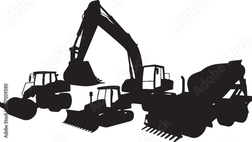 Black silhouette of construction vehicles including an excavator and a bulldozer