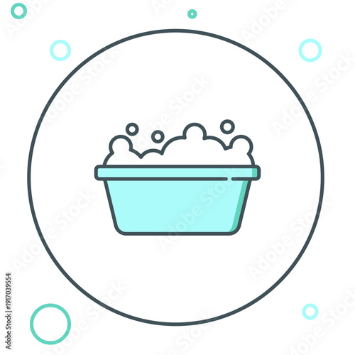 Line Baby bathtub with foam bubbles inside icon isolated on white background. Colorful outline concept. Vector