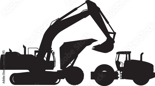 Black Silhouette of Excavator and Tractor construction