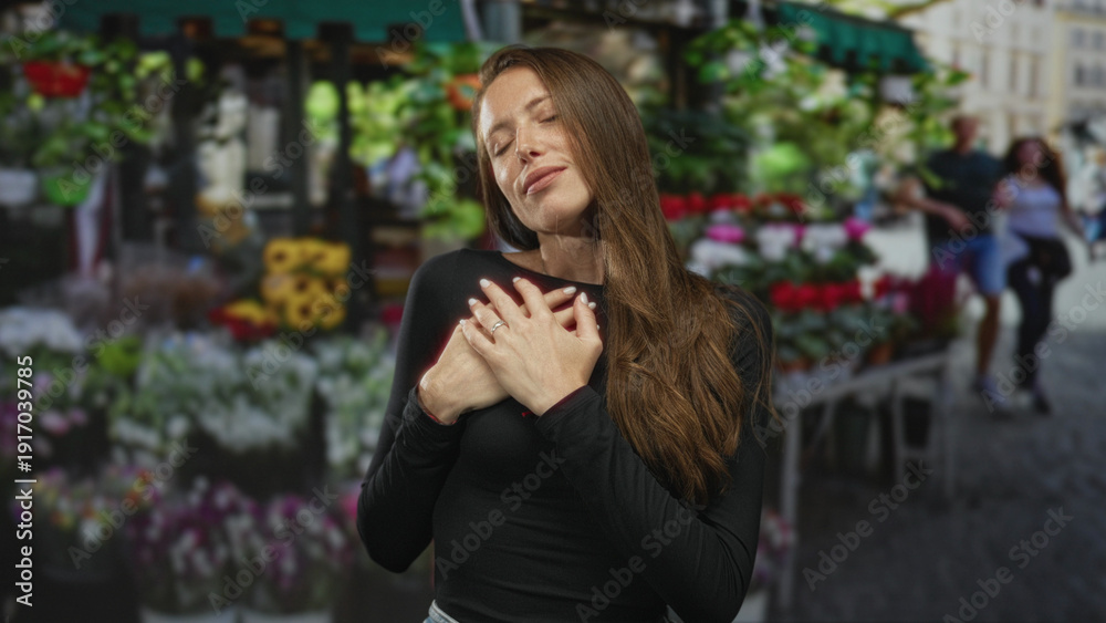 Fototapeta premium Woman holding hands over chest at a street flower market with closed eyes and long hair; serenity gratitude.