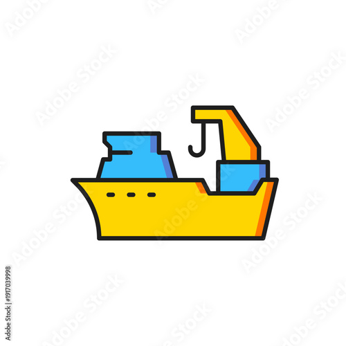Color Fishing boat icon isolated on white background. Fishing trawler. Flat filled outline style with shadow. Vector
