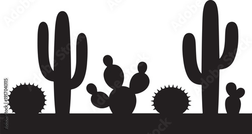 Black Silhouette of Various Cacti and Succulents desert