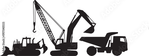 Black Silhouettes of Construction Equipment Including Crane, Excavator, Dump Truck, and Bulldozer
