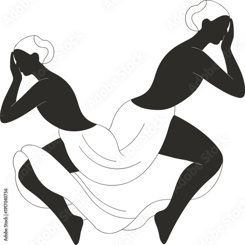 "Minimalist abstract illustration of two mirrored human figures covering faces with hands, stylized symmetry, emotional introspection, and modern design for artistic projects and creative concepts"