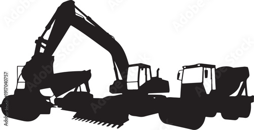 Black Silhouettes of Construction Vehicles and Equipment