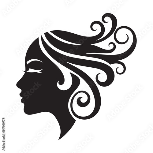 Silhouette illustration of a beautiful woman with long hair decorated with floral patterns in a stylish vector design
