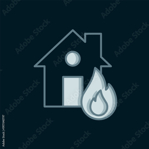 Line Fire in burning house icon isolated on black background. Flat filled outline style with shadow. Vector