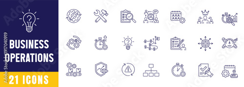 21 business operations web icons set in clean line style vector illustration, Business operations and management outline web icons pack vector illustration