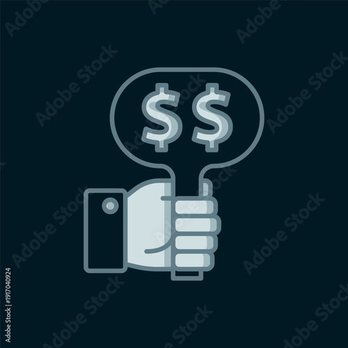 Line Hand holding auction paddle icon isolated on black background. Bidding concept. Auction competition. Hands rising signs with BID inscriptions. Flat filled outline style with shadow. Vector