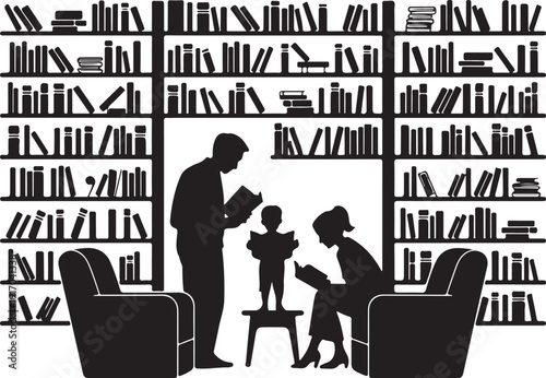 Family reading books in a library with shelves of books