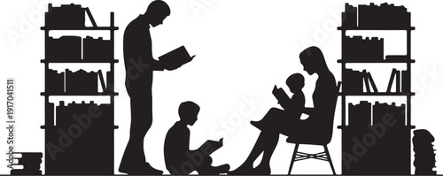 Family reading books in library with shelves of books