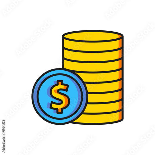 Color Coin money with dollar symbol icon isolated on white background. Banking currency sign. Cash symbol. Flat filled outline style with shadow. Vector