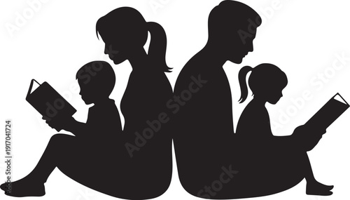Family silhouette reading books together children