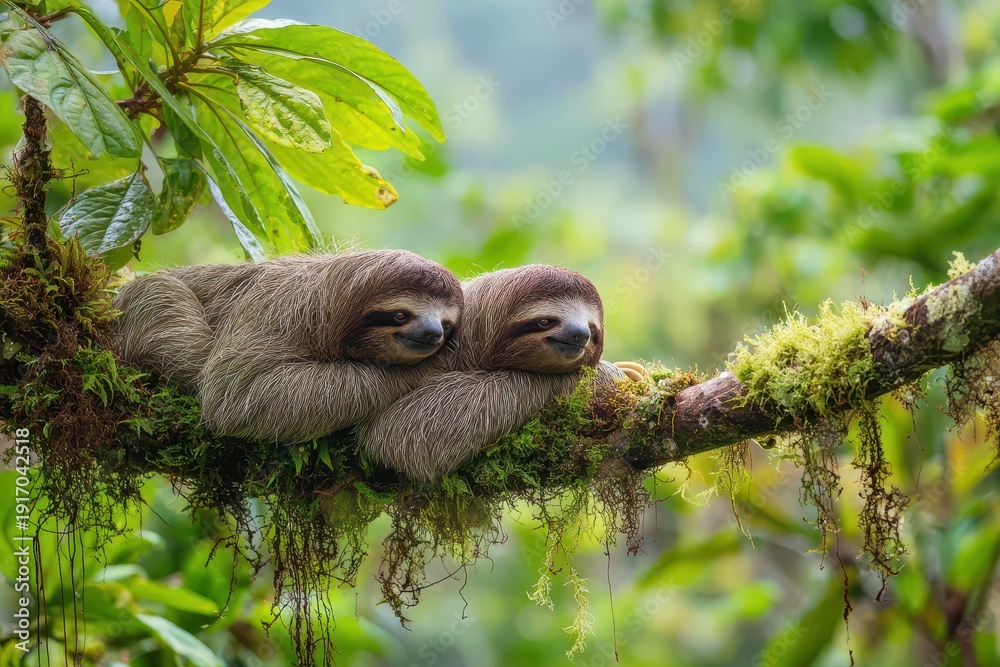Obraz premium Arboreal duo perched on a tree limb among emerald foliage in a Costa Rican rainforest