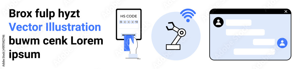 Obraz premium Automation, communication, robotics, productivity, digital services, wireless technology. QR code scanner, robotic arm and chat interface icons. Automation and communication concepts