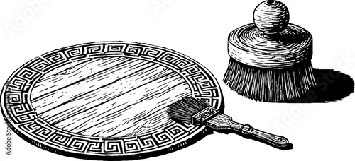 Vintage engraving of doormat and welcome plate set for retro home decor