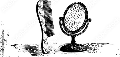 Vintage hair care items illustration set featuring comb, brush, and mirror