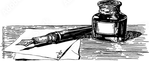 Vintage engraved illustration of fountain pen and ink bottle for artistic design and stationery concepts
