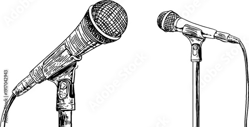 Vintage hand-drawn microphone set with stand and cable for retro design projects
